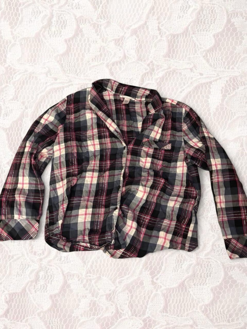 Victoria's Secret Black, Cream & Pink Plaid Button-Down Shirt